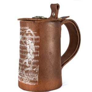Leather Danse Macabre flagon mug with attached lid