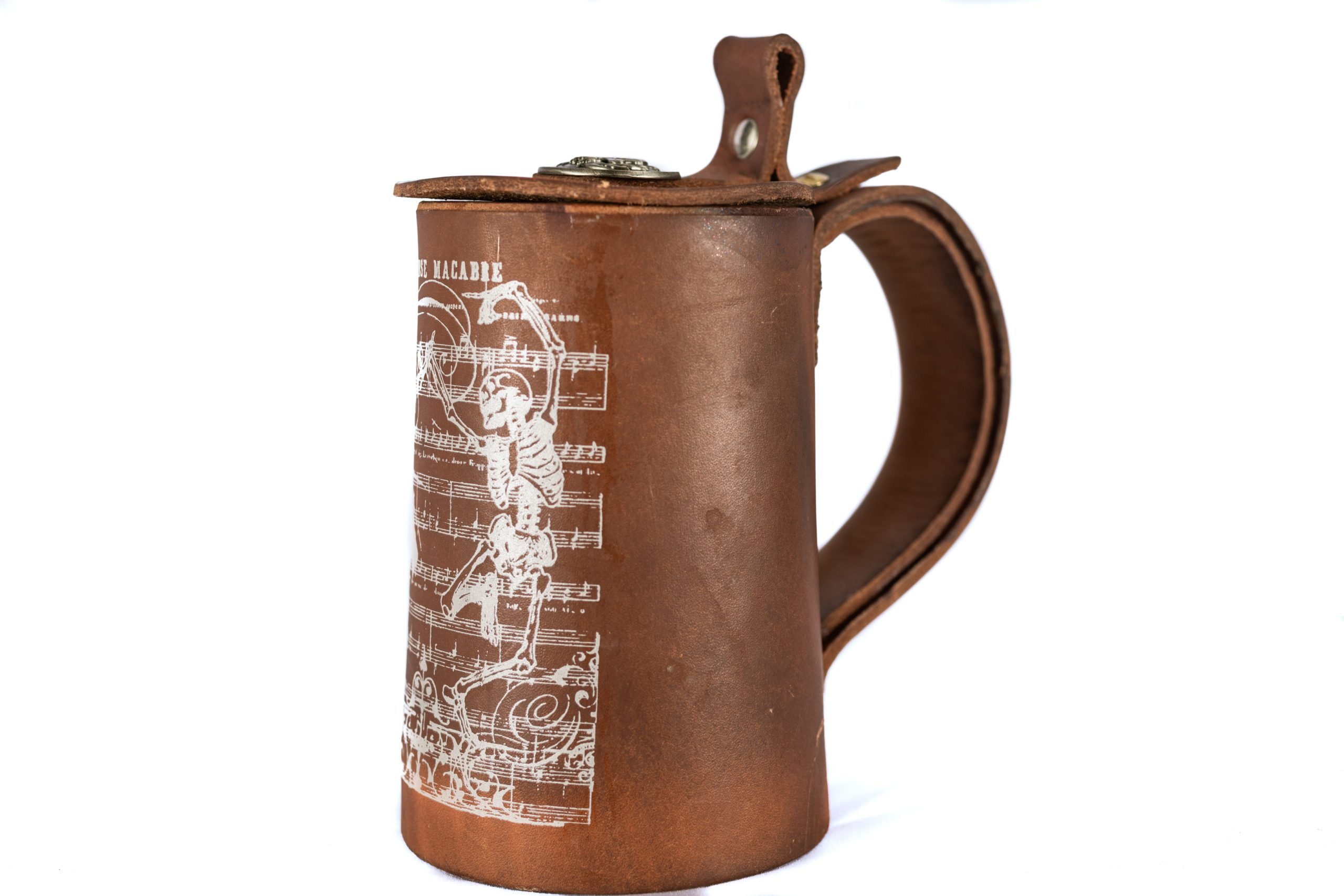 Leather Danse Macabre flagon mug with attached lid